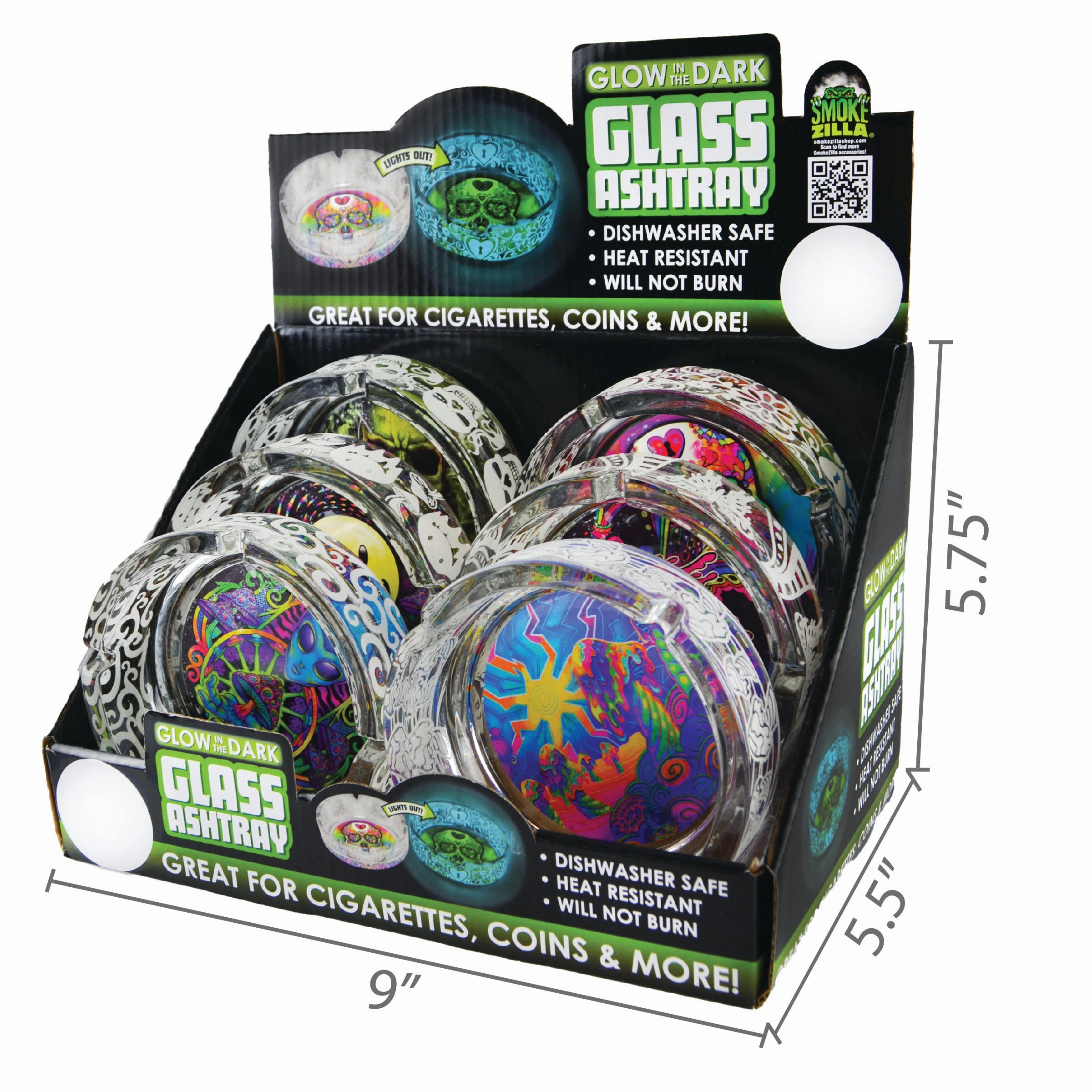 Glass Glow in The Dark Ashtray - 6 Per Retail Ready Display 21812