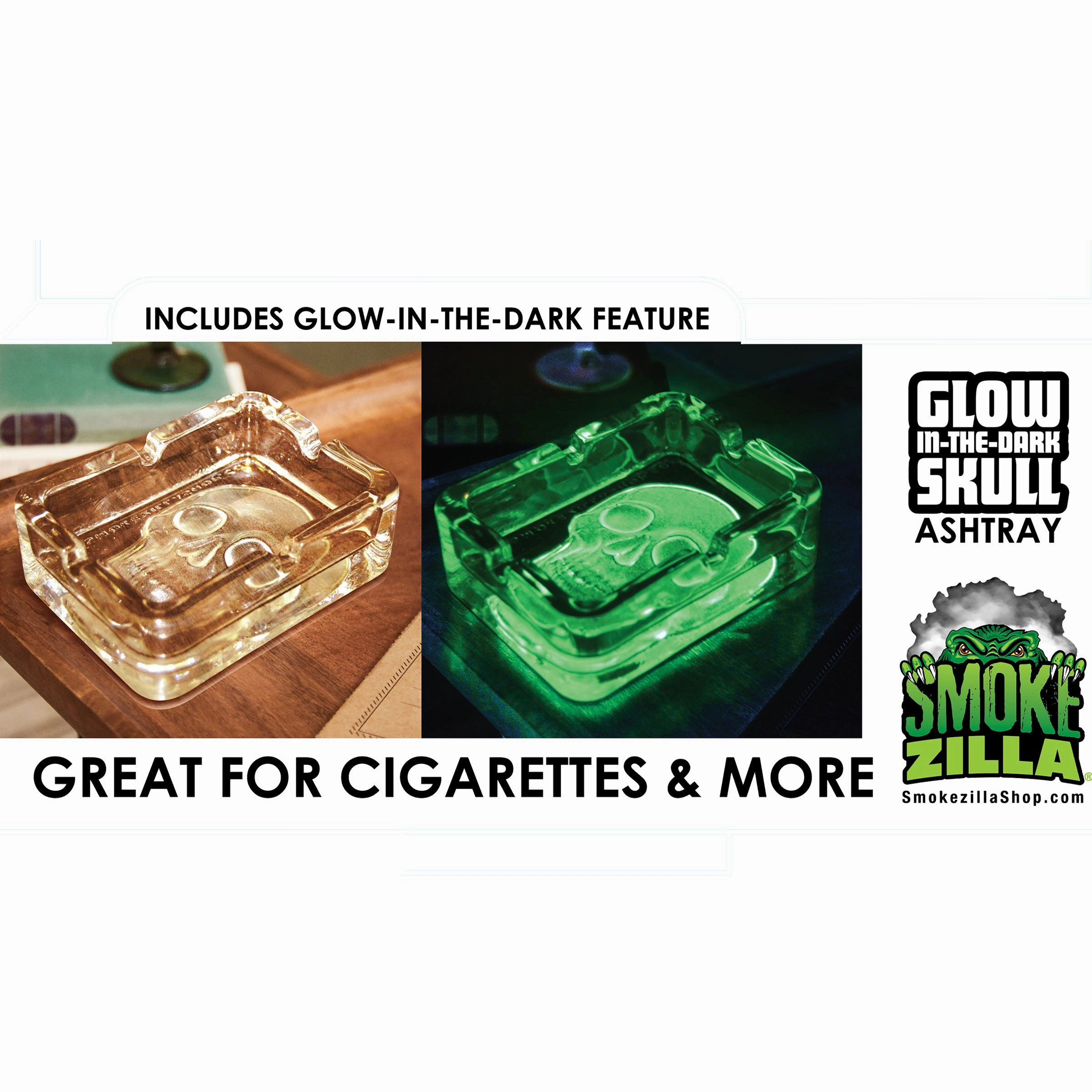 Glow In The Dark Skull Glass Ashtray - 5 Pieces Per Retail Ready Wholesale Display 40959