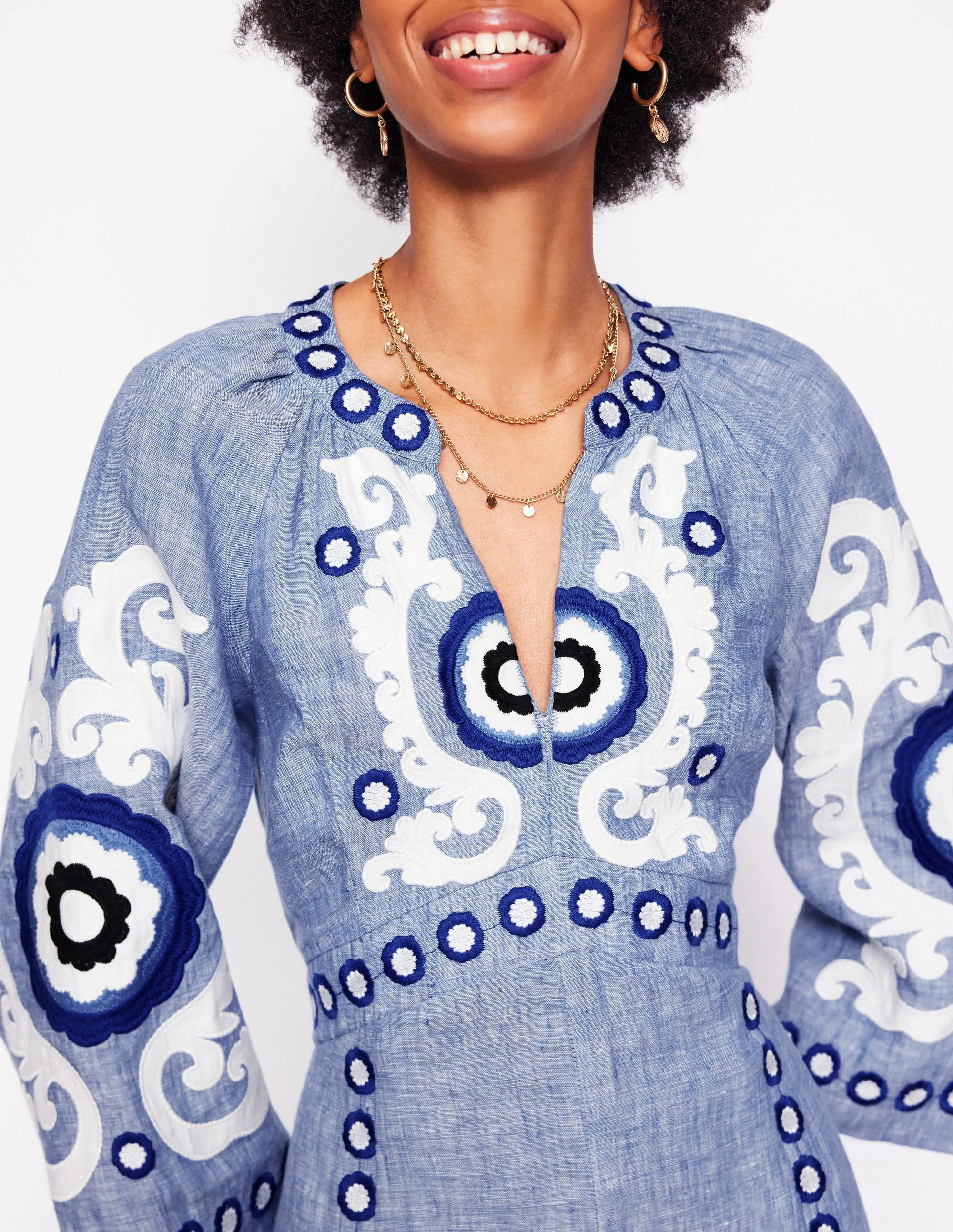 Una Linen Embroidered Dress-Chambray