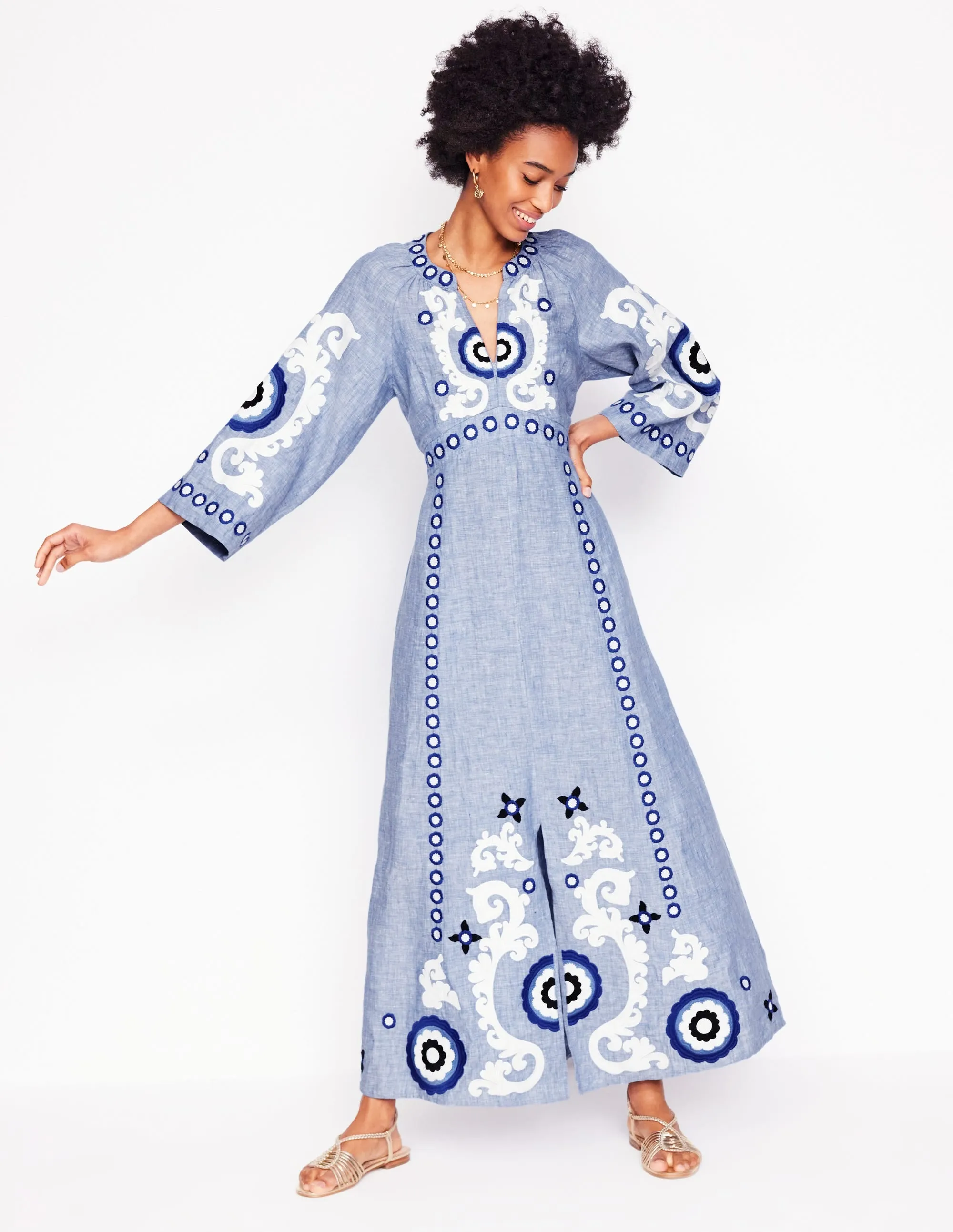 Una Linen Embroidered Dress-Chambray