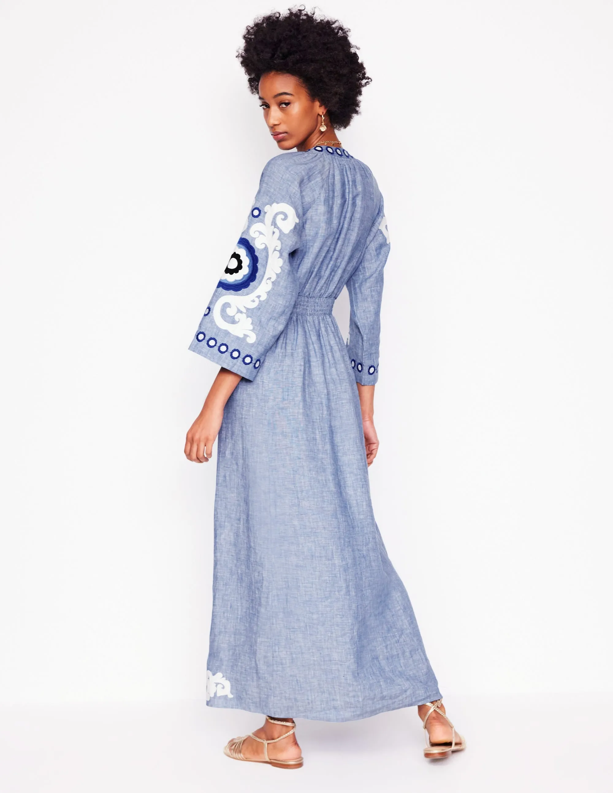 Una Linen Embroidered Dress-Chambray