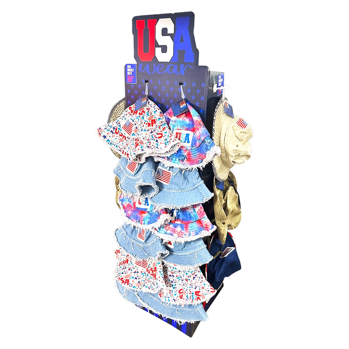 USA Bucket and Boonie Patriotic Hat Assortment Floor Display - 18 Pieces Per Retail Ready Display 88536