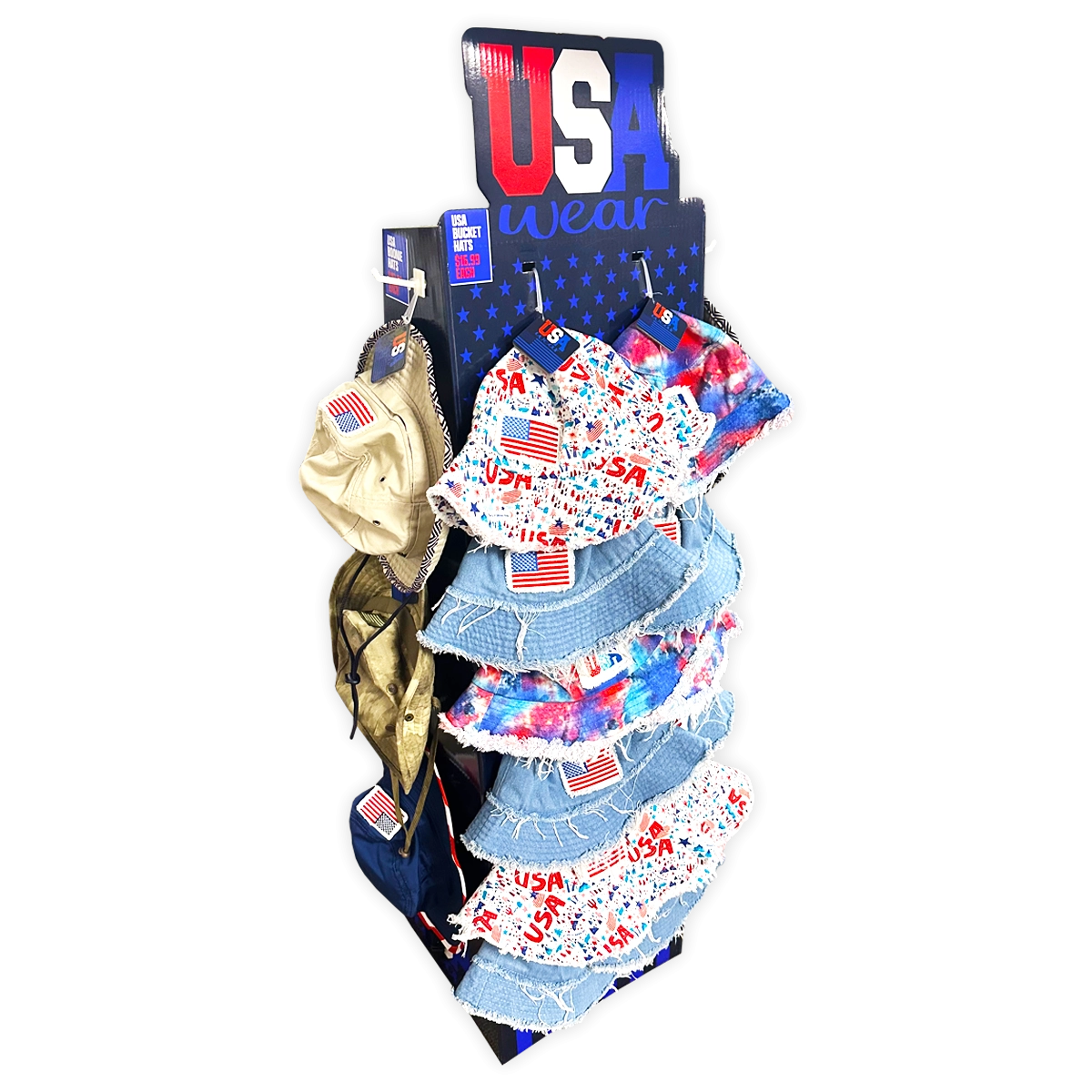 USA Bucket and Boonie Patriotic Hat Assortment Floor Display - 18 Pieces Per Retail Ready Display 88536