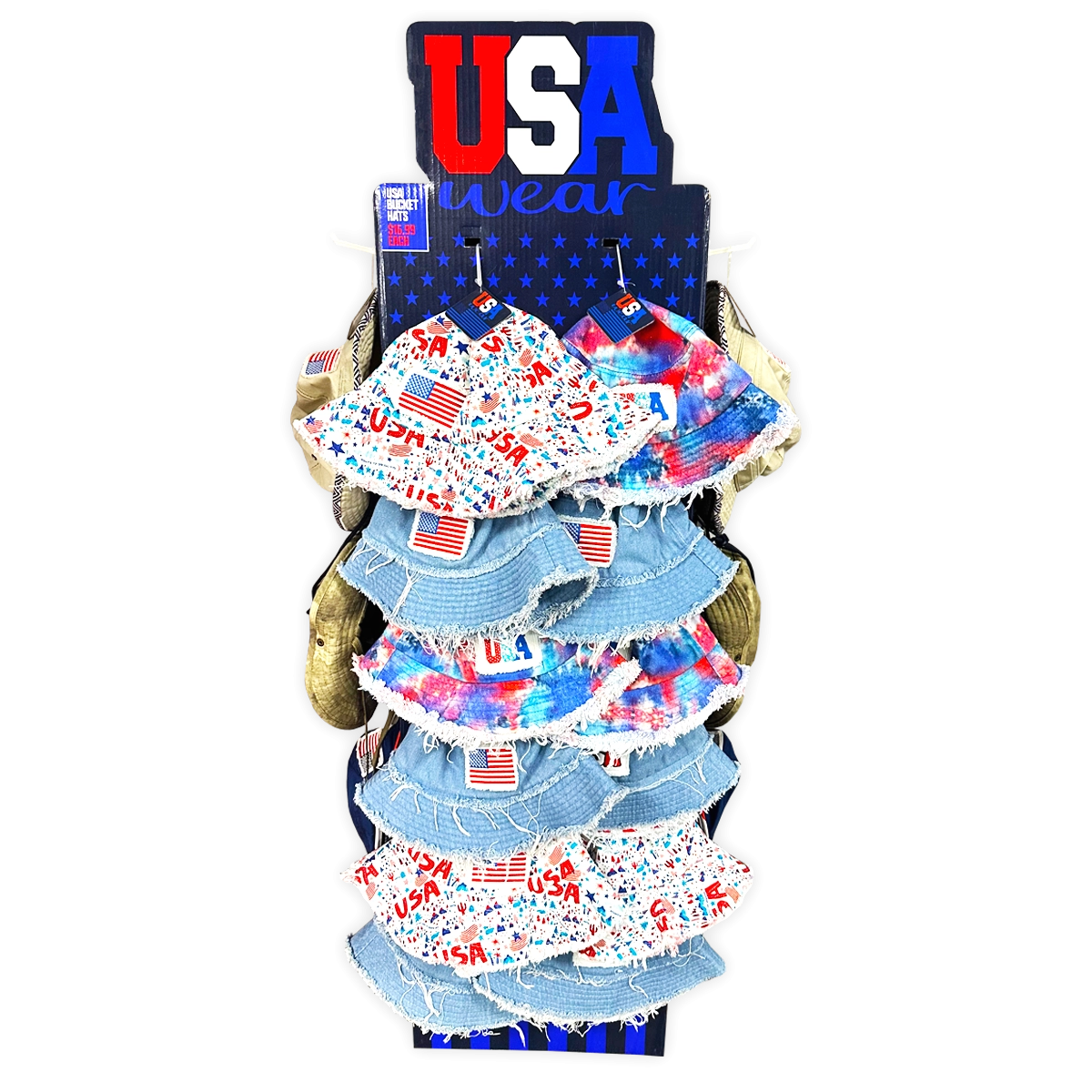 USA Bucket and Boonie Patriotic Hat Assortment Floor Display - 18 Pieces Per Retail Ready Display 88536